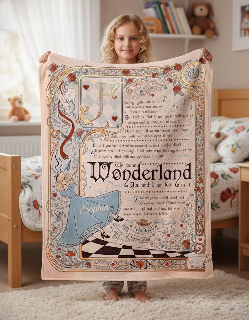Personalized Alice in Wonderland Blanket, Retro Wonderland Storybook Blanket, Alice Vintage Throw, Custom Name Gift for Kids