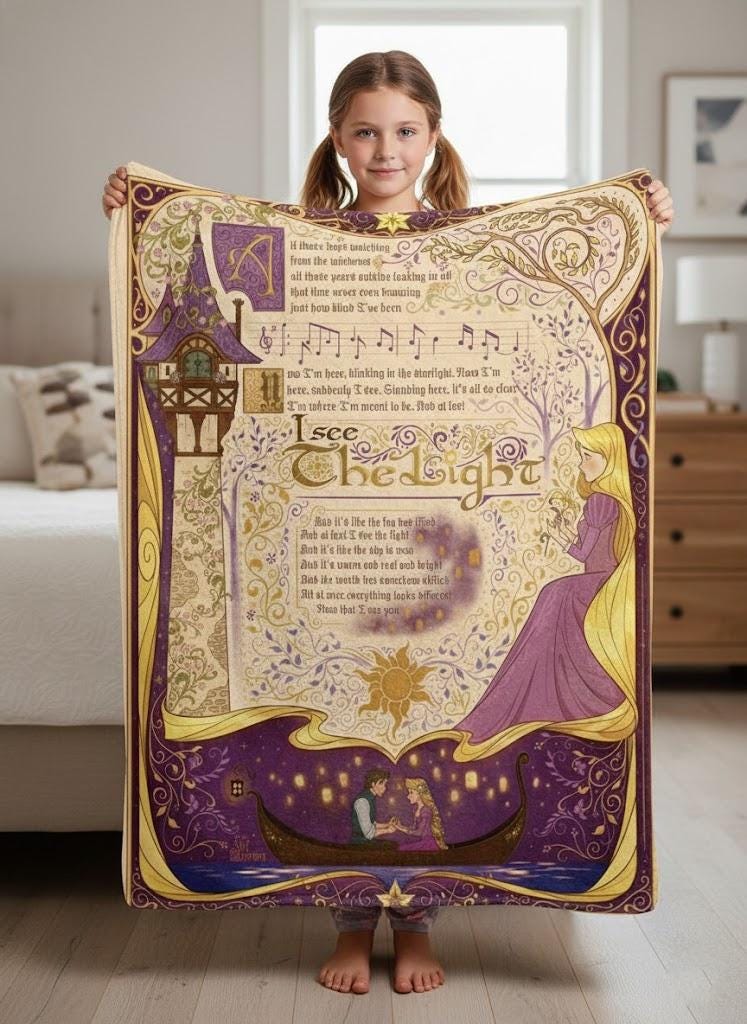 Personalized Rapunzel Tangled Blanket, I See the Light Storybook Blanket, Vintage Princess Throw, Custom Fairy Tale Blanket for Kids