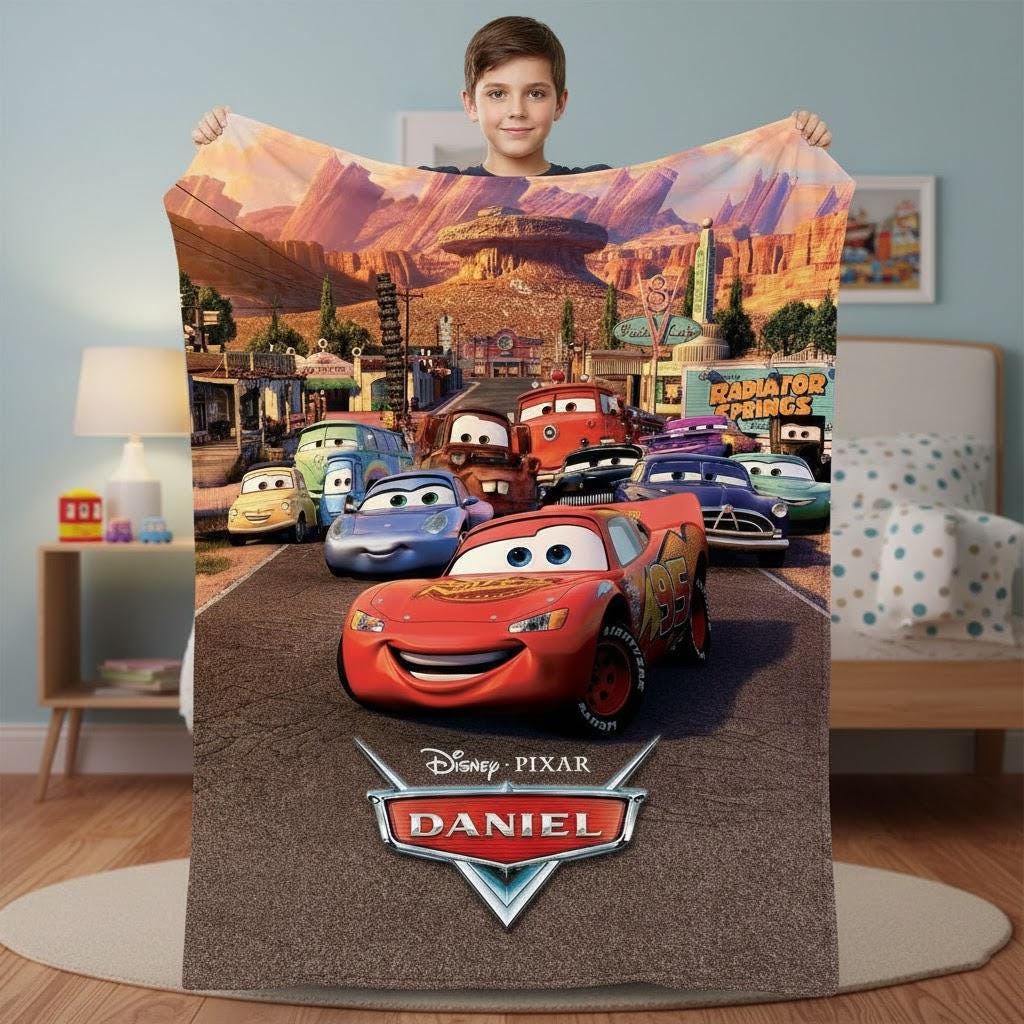 Personalized Cars 2 Blanket, World Grand Prix Lightning McQueen Throw, Custom Pixar Racing Blanket for Kids, Mater Adventure Gift