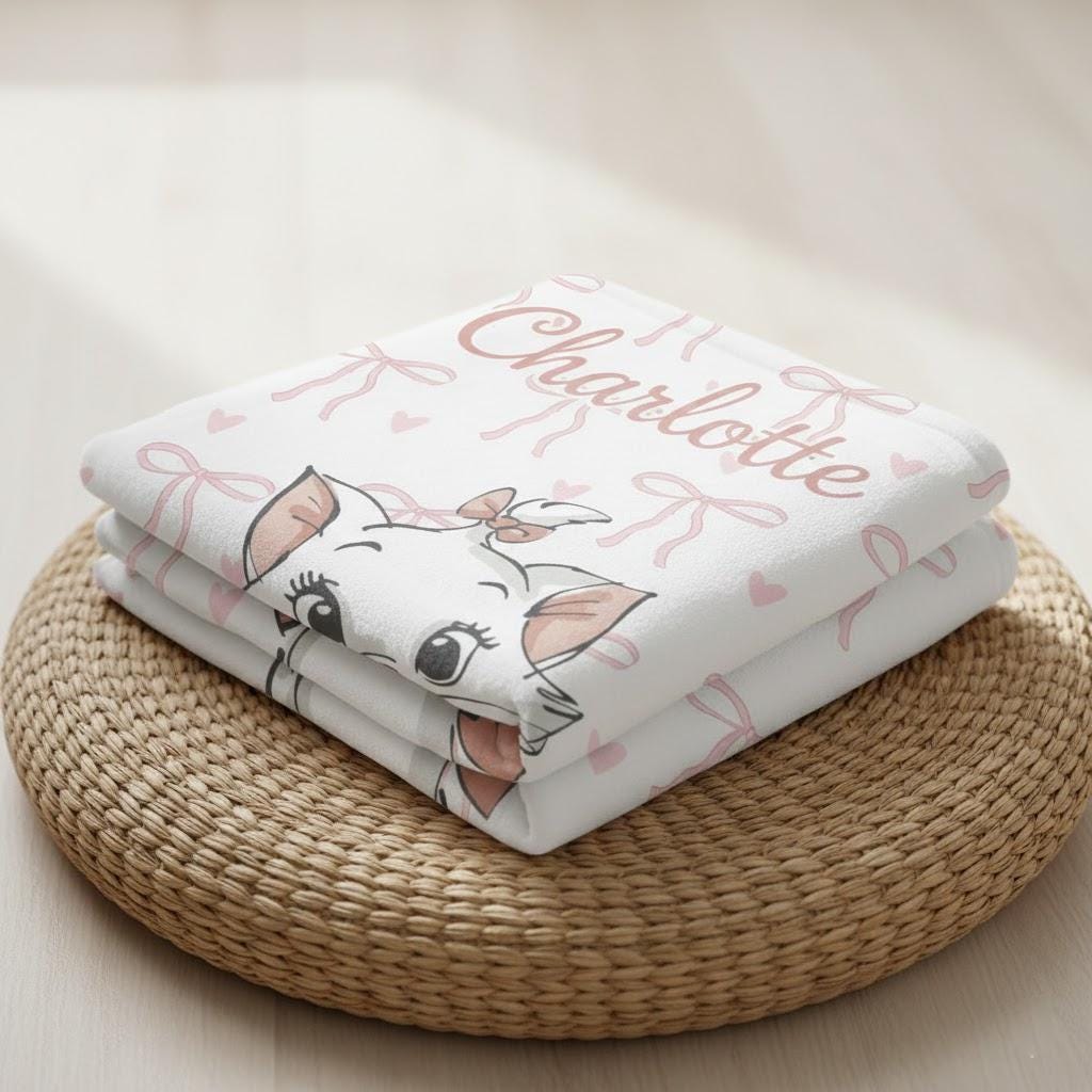 Personalized Aristocats Blanket, Marie Pink Ribbon Throw for Kids, Custom Name Cat Blanket, Cute Disney Kitten Gift for Girls