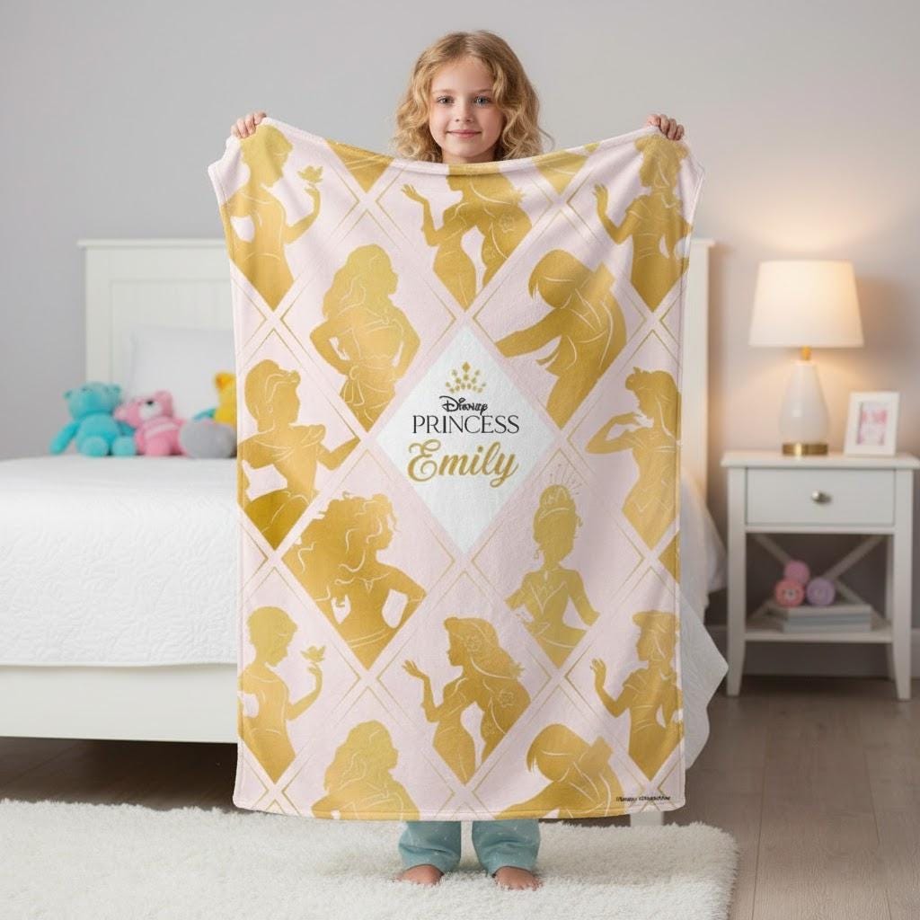 Personalized Princess Silhouette Blanket, Custom Disney Name Blanket for Girls, Gold Pink Fairytale Style Blanket, Kids Room Gift