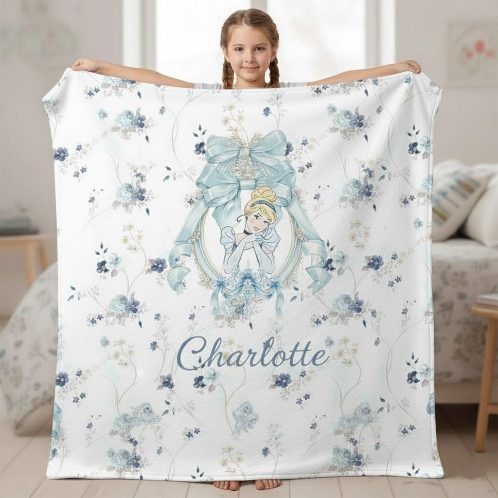Personalized Cinderella Blanket, Blue Floral Princess Design, Custom Name Girls Blanket, Elegant Fairytale Cinderella Gift for Kids
