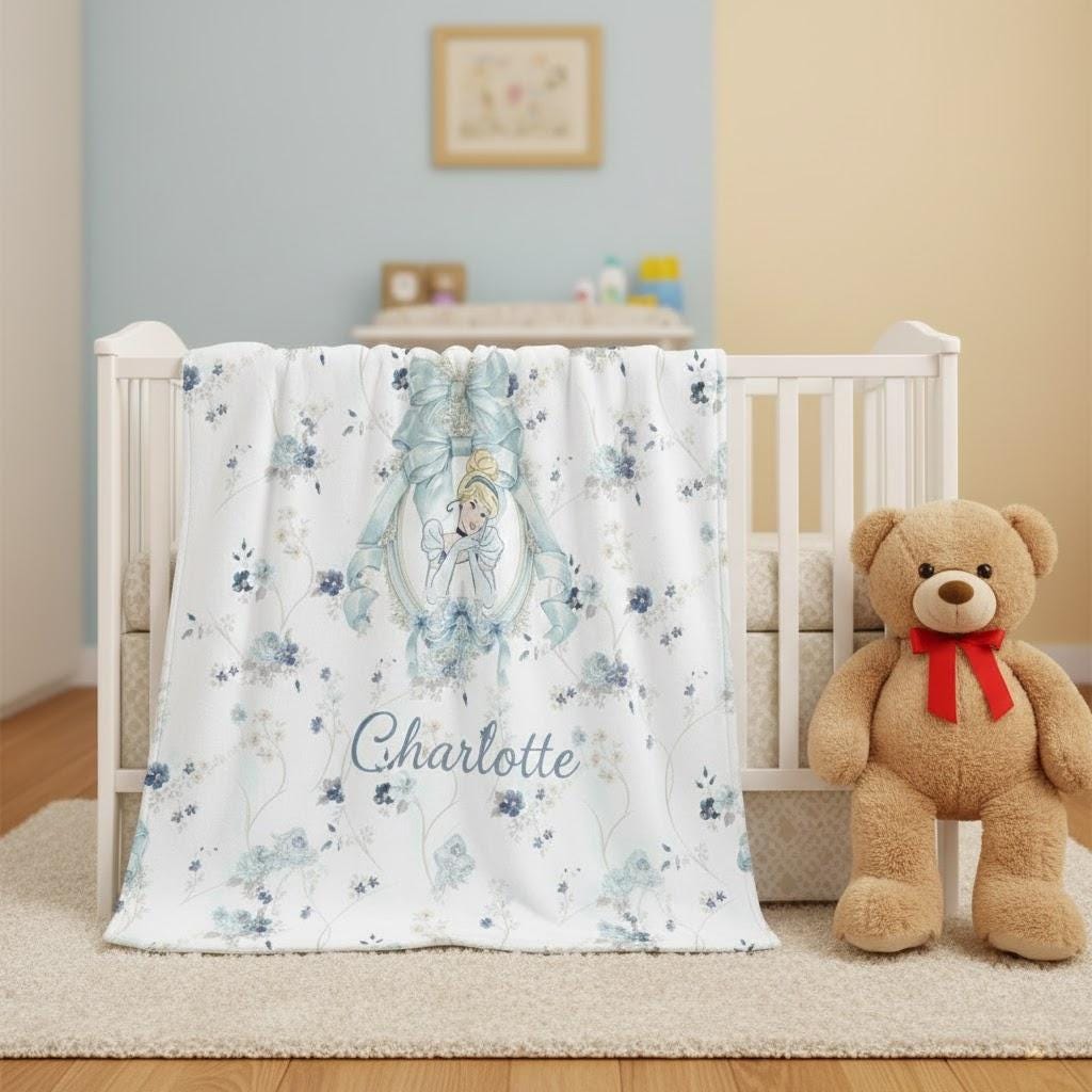 Personalized Cinderella Blanket, Blue Floral Princess Design, Custom Name Girls Blanket, Elegant Fairytale Cinderella Gift for Kids