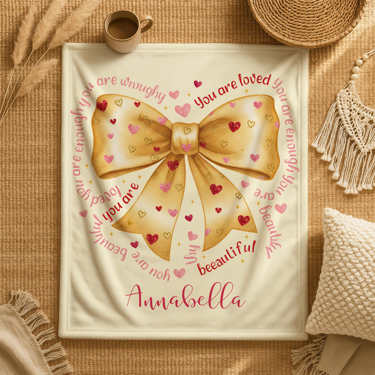 Personalized Valentine's Blanket,Pink Valentine Coquette Bow Throw,Happy Valentine's Day Gift, Girlfriend Gift,Mothers Dat Gift,Love Throw