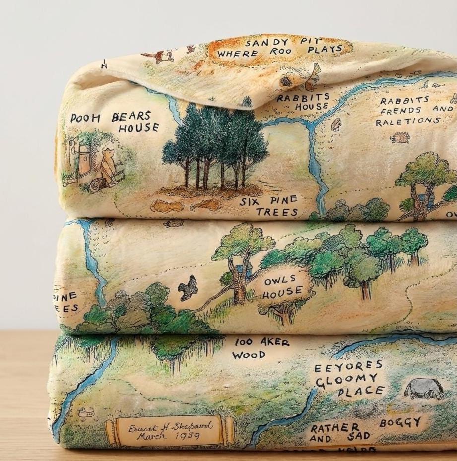 Winnie The Pooh Blanket, Hundred Acre Wood Fantasy Map Plush Blankets, Pooh Bear Blanket for Kids, Winnie The Pooh Baby Blanket Fleece