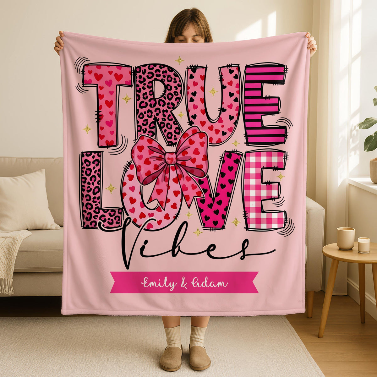 Personalized True Love Vibes Blanket,Custom Couples Anniversary Blanket,Valentine's Day Gift,Custom Name Couple Throw,Valentine's Day Throw