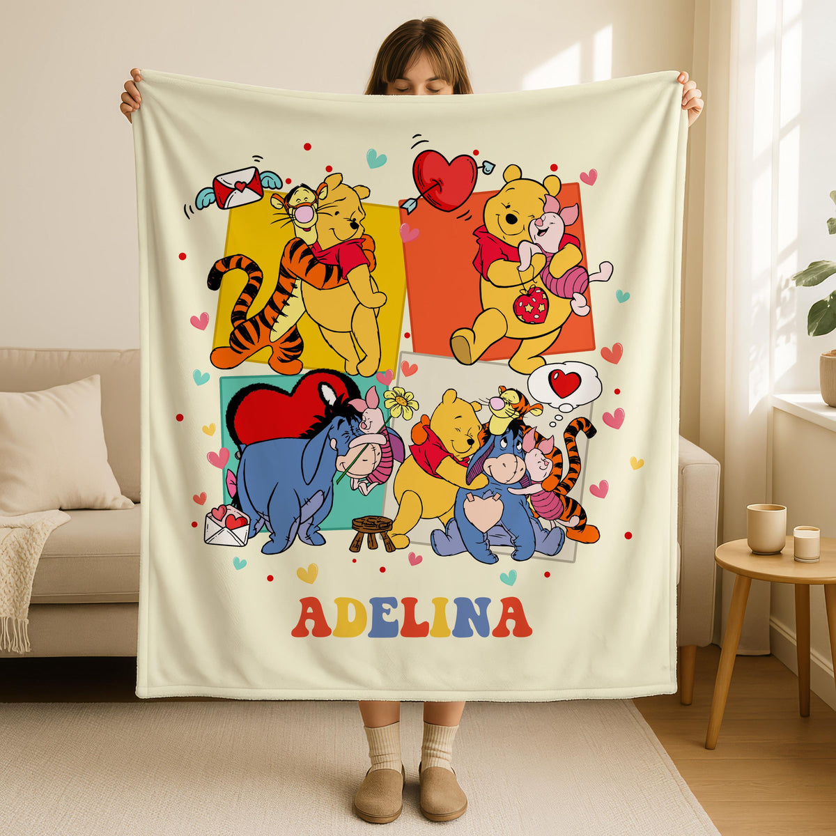 Custom Winnie the Pooh Valentine Blanket,Disney Home Decor, Disney Valentine Gift,Happy Valentine Cartoon Characters Throw,Couples Valentine
