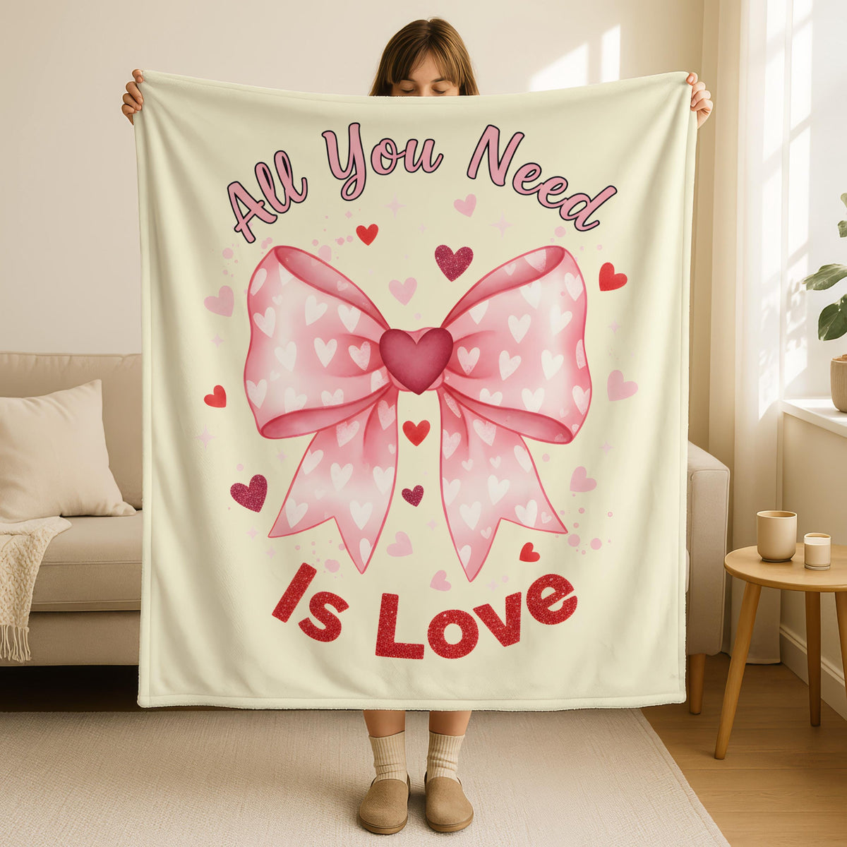 All you Need Is Love Valentine Throw Blanket,Valentines Day Bow Blanket,Love Quote Blanket, Romantic Valentine Blanket, Cozy Love Throw