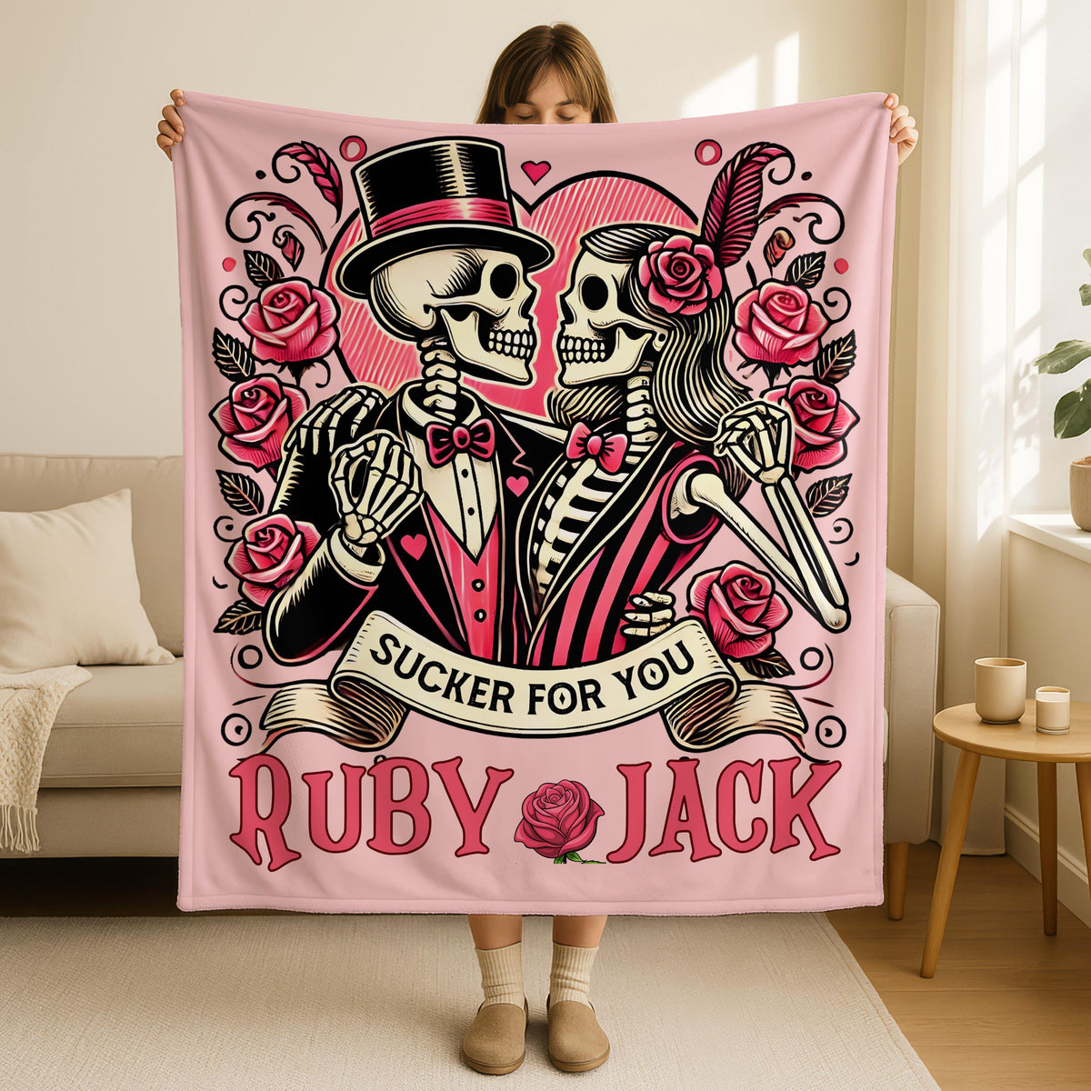 Personalized Gothic Skeleton Love Blanket,Skeleton Couple Quilt Blanket, Custom Name Sugar Skull Bedding, Romantic Creepy Gift for Him Her