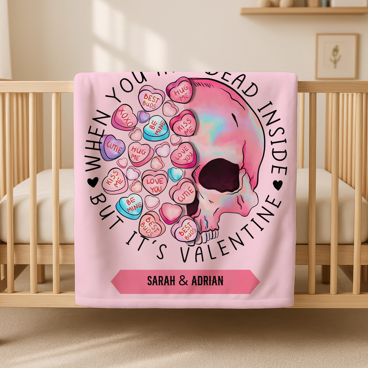 Personalized Skull And Hearts Valentines Blanket, Couple Blanket for Her Him,Romantic Wedding Gift for Wife Husband,Gothic Anniversery Gift