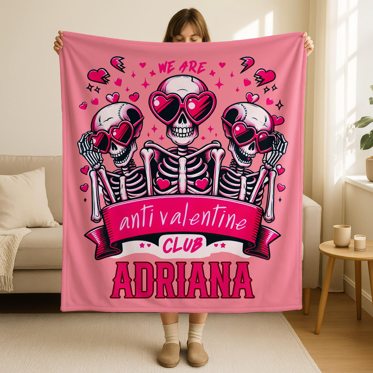 Custom Anti Valentine Club Skeleton Blanket,Valentine Hearts Throw, Love Blanket Valentine,Goth Couple Valentine Throw, Gothic Lover Gifts