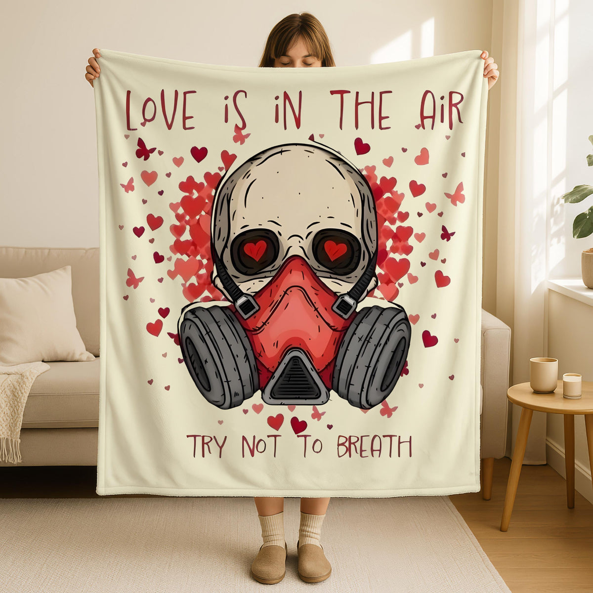 Love is in the Air Try Not to Breathe Blanket,Anti Valentines Gift,Girlfriend Gift Gothic, Skeleton Love Blanket, Dark Romance Throw Blanket