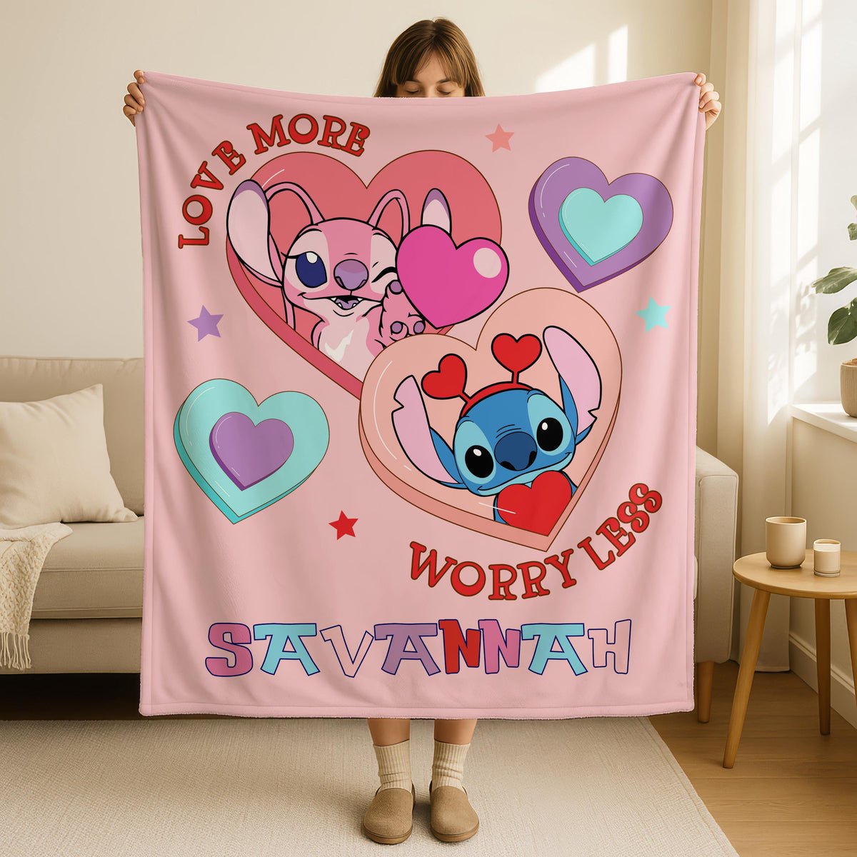 Personalized Name Stitch Angel Blanket, Love More stitch Throw,Custom Stitch LiLo Love Blanket,Valentines Day Gift,Stitch Girlfriend Gift