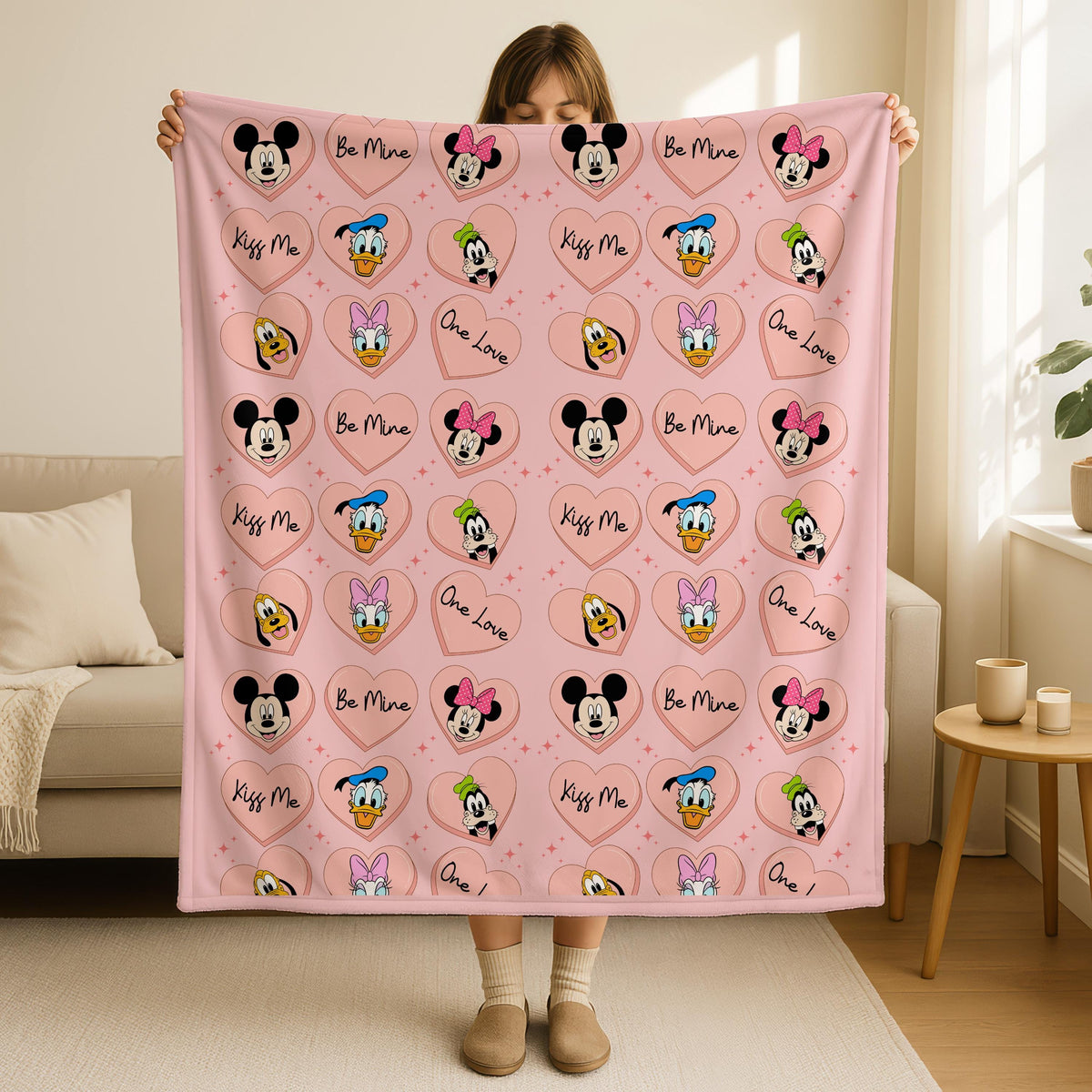 Mickey and Friends Heart Valentines Blanket,Valentine Gift for Girlfriend,Cozy Disney Blanket,Cartoon Valentine Throw,Disney Home Decor Gift