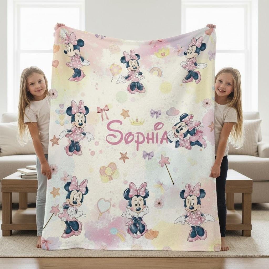 Custom Cute Minnie Mouse Blanket, Disney Minnie Throw, Minnie Birthday Girl Gift, Personalized Kid Name Blanket, Baby Christmas Blanket