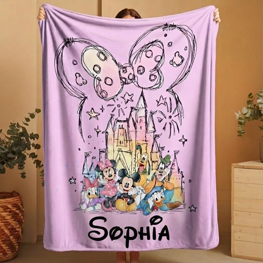 Personalized Disney Coquette Blanket, Mickey And Friends Castle Throw, Custom Name Kids Blanket, Cute Disney Birthday Gift