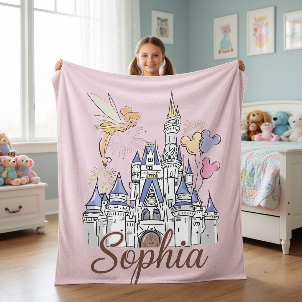 Personalized Tinker Bell Disney Castle Blanket, Custom Name Fairy Throw, Magical Kids Gift, Cute Disney Birthday Blanket