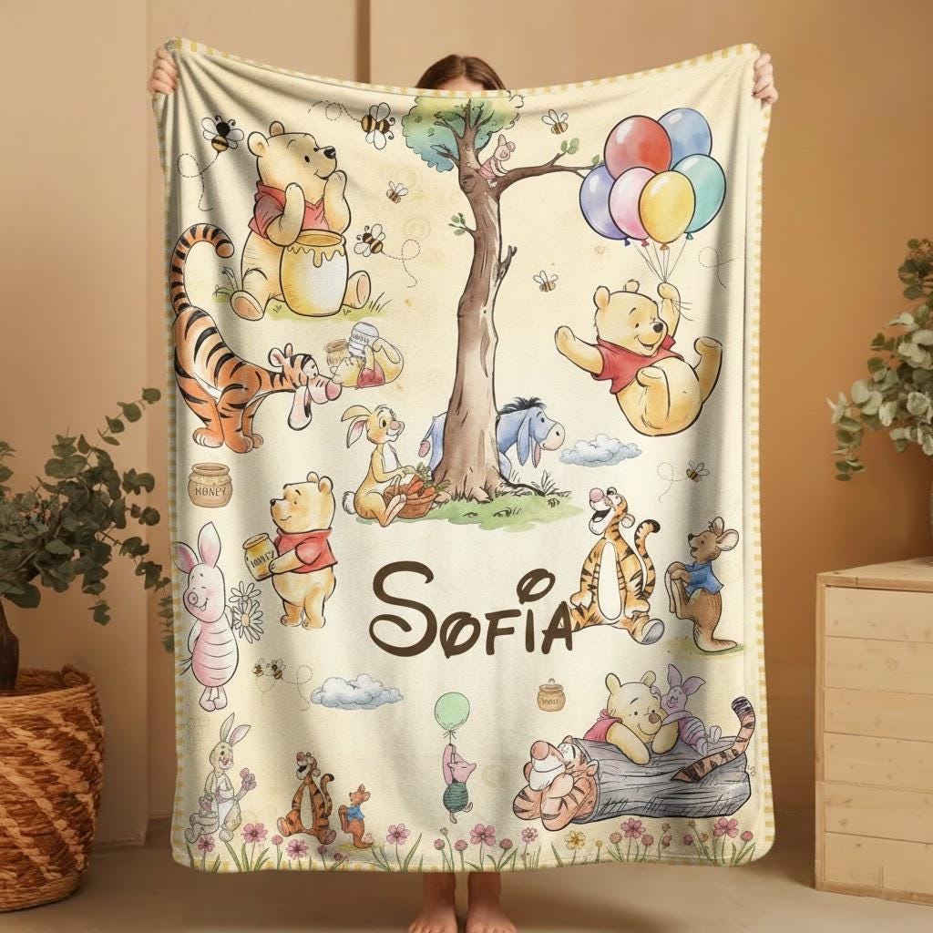 Personalized Winnie the Pooh Storybook Blanket, Custom Name Pooh Friends Throw, Cute Kids Gift, Baby Nursery Blanket