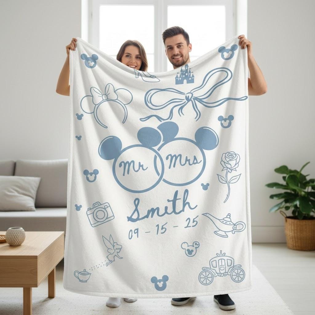 Personalized Disney Inspired Wedding Blanket, Custom Mr and Mrs Couple Throw, Engagement Anniversary Gift with Name and Date