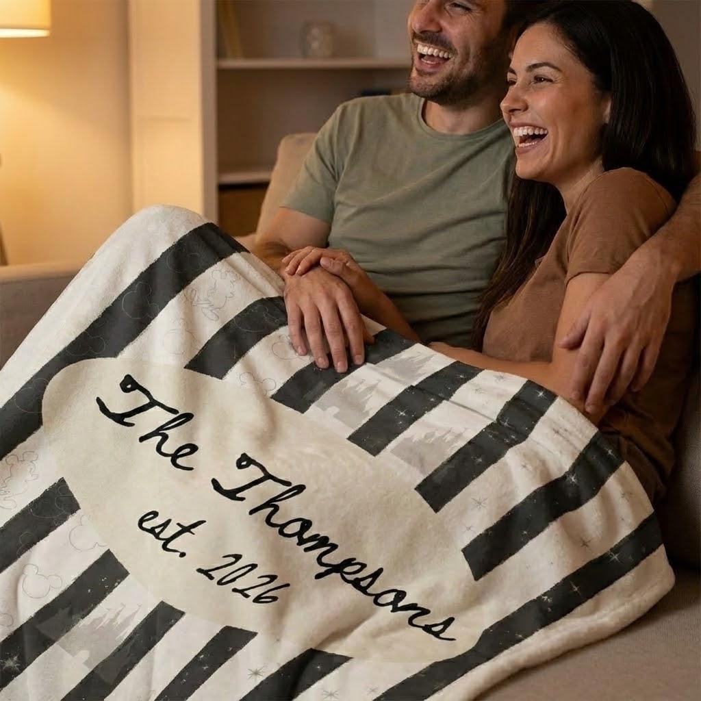 Personalized Disney Inspired Couple Blanket, Custom Black Stripe Castle Throw with Name and Established Year, Romantic Home Gift