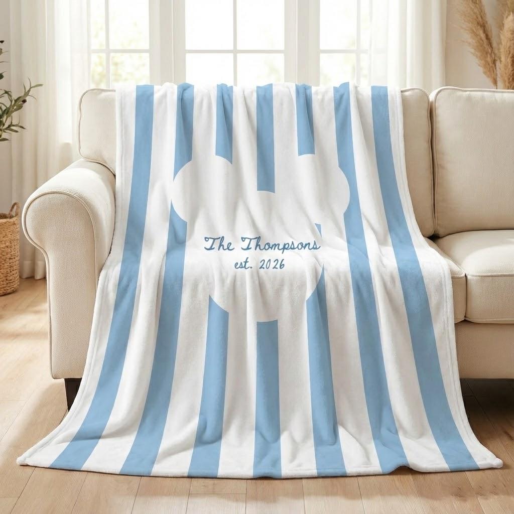 Personalized Mickey Couple Blanket, Custom Blue Stripe Throw with Name and Established Year, Disney Inspired Romantic Gift