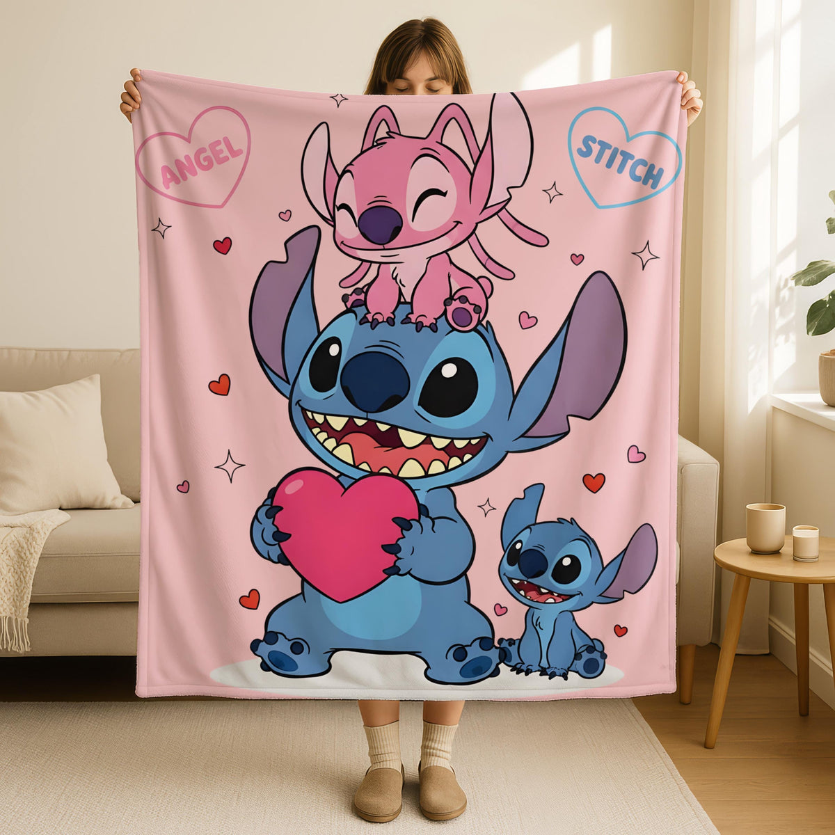 Disney Angel Stitch Blanket, CuteCouple Blanket, StitchThrow Blanket Gift, Family Fleece Blanket, Home Decor Valentine Gift,Girlfriend Gift