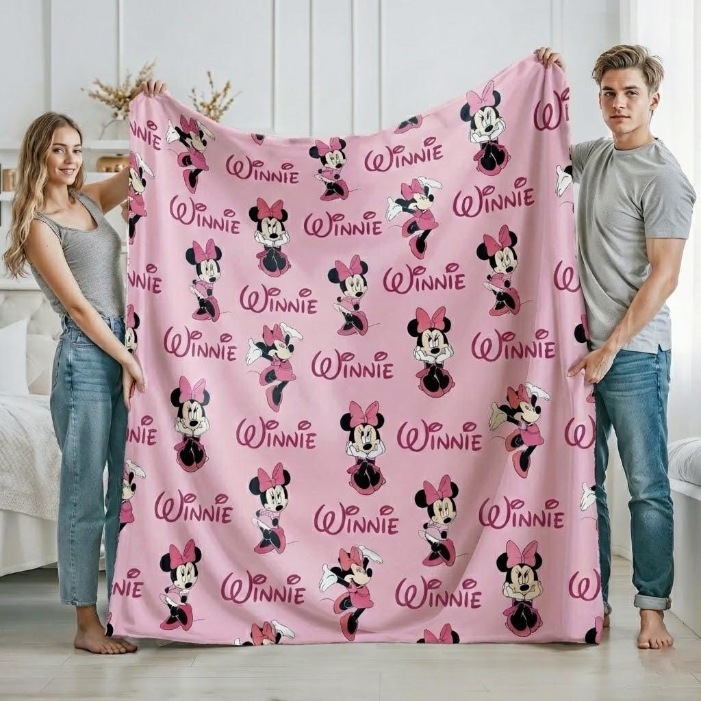 Personalized Minnie Inspired Bow Blanket, Cute Coquette Mouse Throw, Soft Kids Bedding, Custom Name Gift for Girls