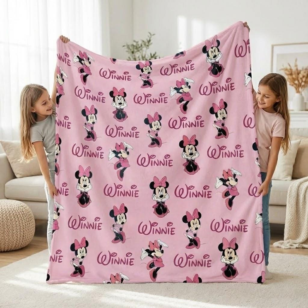 Personalized Minnie Inspired Bow Blanket, Cute Coquette Mouse Throw, Soft Kids Bedding, Custom Name Gift for Girls
