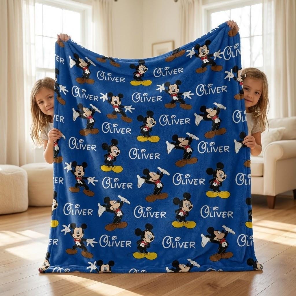 Custom Name Mouse Inspired Blanket, Personalized Blue Kids Throw, Cute Cartoon Mouse Gift, Boys Bedroom Decor