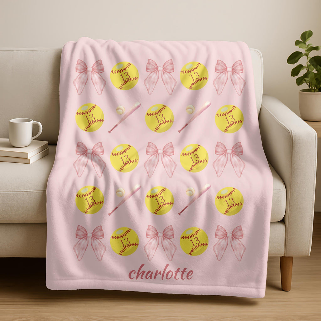 Personalized Softball Blanket,Custom Name Bows Gifts,Personalized Team Gift,Birthday or Xmas Gift for Softball Player,Cozy Baseball Blanket