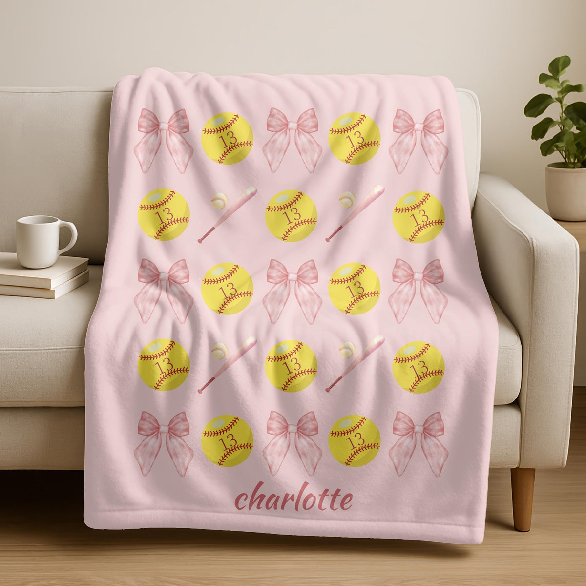 Personalized Softball Blanket,Custom Name Bows Gifts,Personalized Team Gift,Birthday or Xmas Gift for Softball Player,Cozy Baseball Blanket