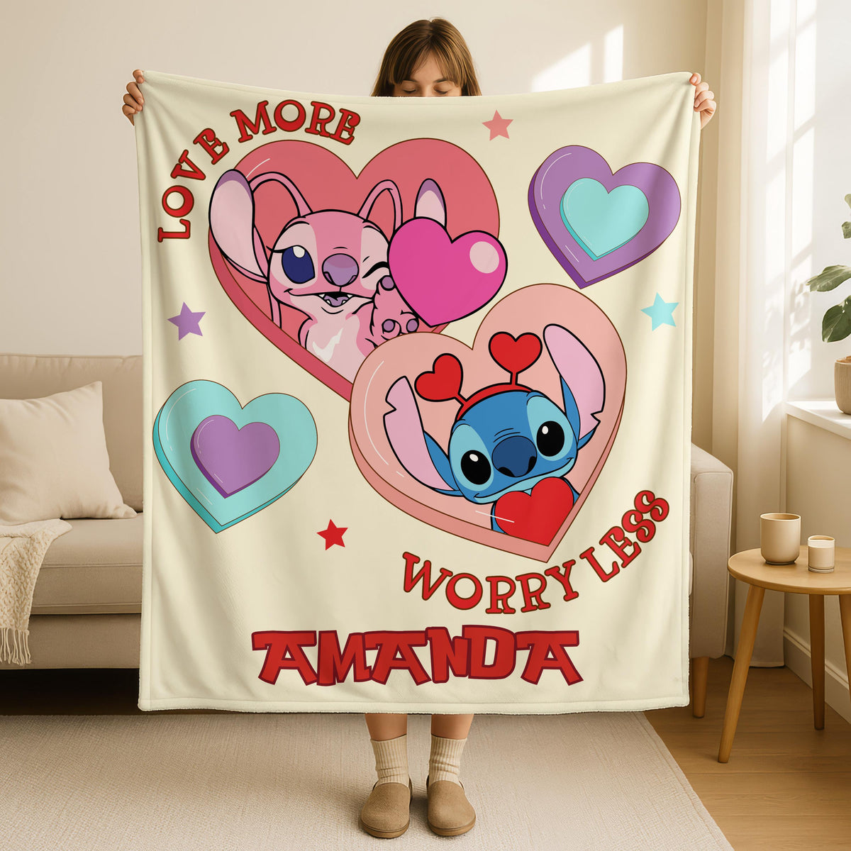 Personalized Stitch Valentines Blanket, Custom Lilo and Stitch Valentine's Plush Throw Blanket, Cozy Couple Blanket, Cute Throw Blanket