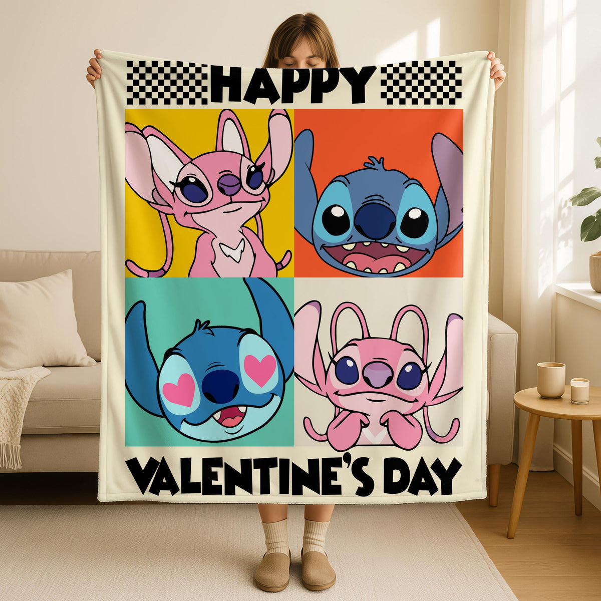 Personalized Happy valentines Dat Stitch Blanket,Stitch Birthday Gifts,Angel Stitch Christmas Gifts,Valentine Gift,Home Decor Valentine Gift
