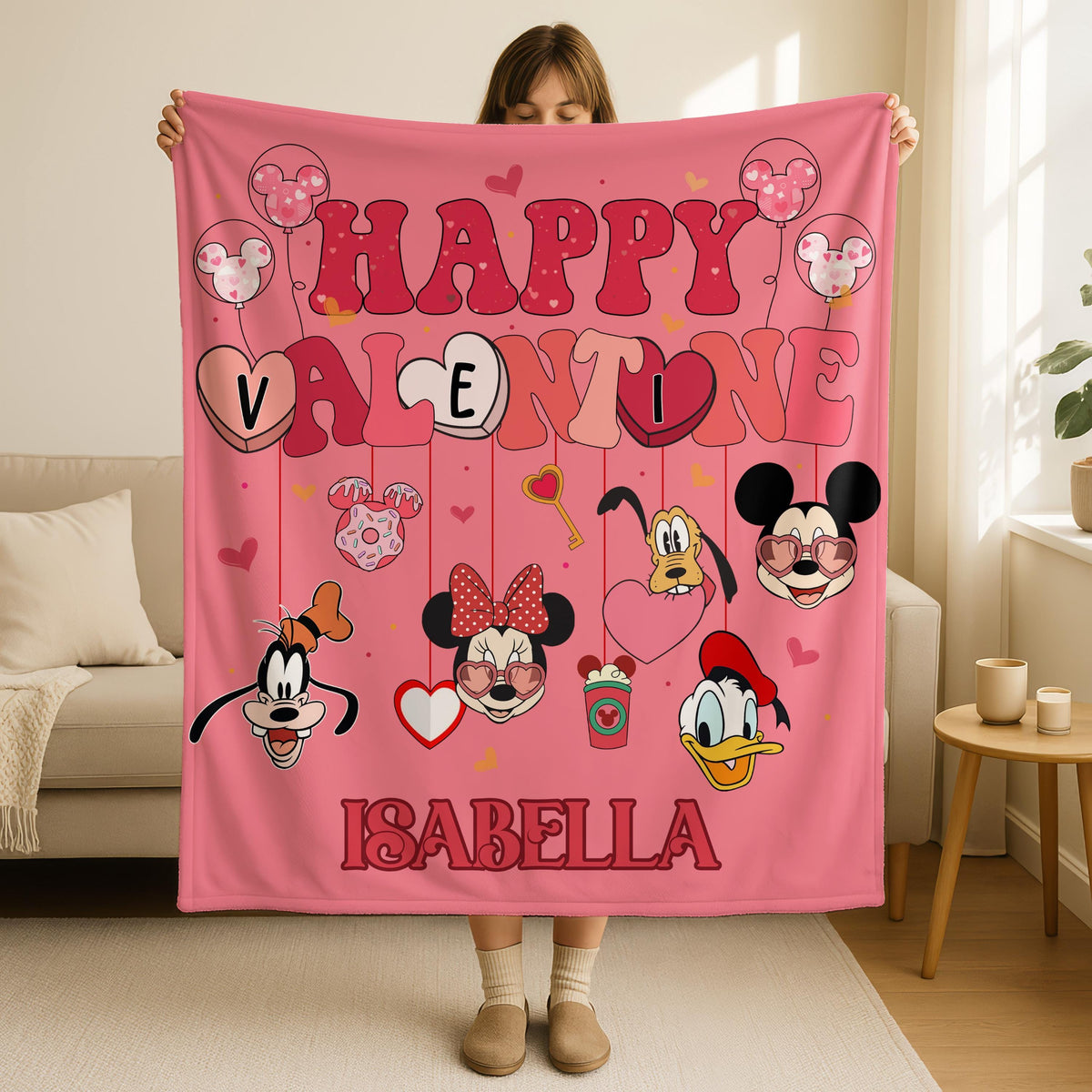 Personalized Mickey and Friends Happy Valentine Blanket,Disney Couple Throw,Valentine Cartoon Mouses Blanket,Custom Disney Girlfriend Gift