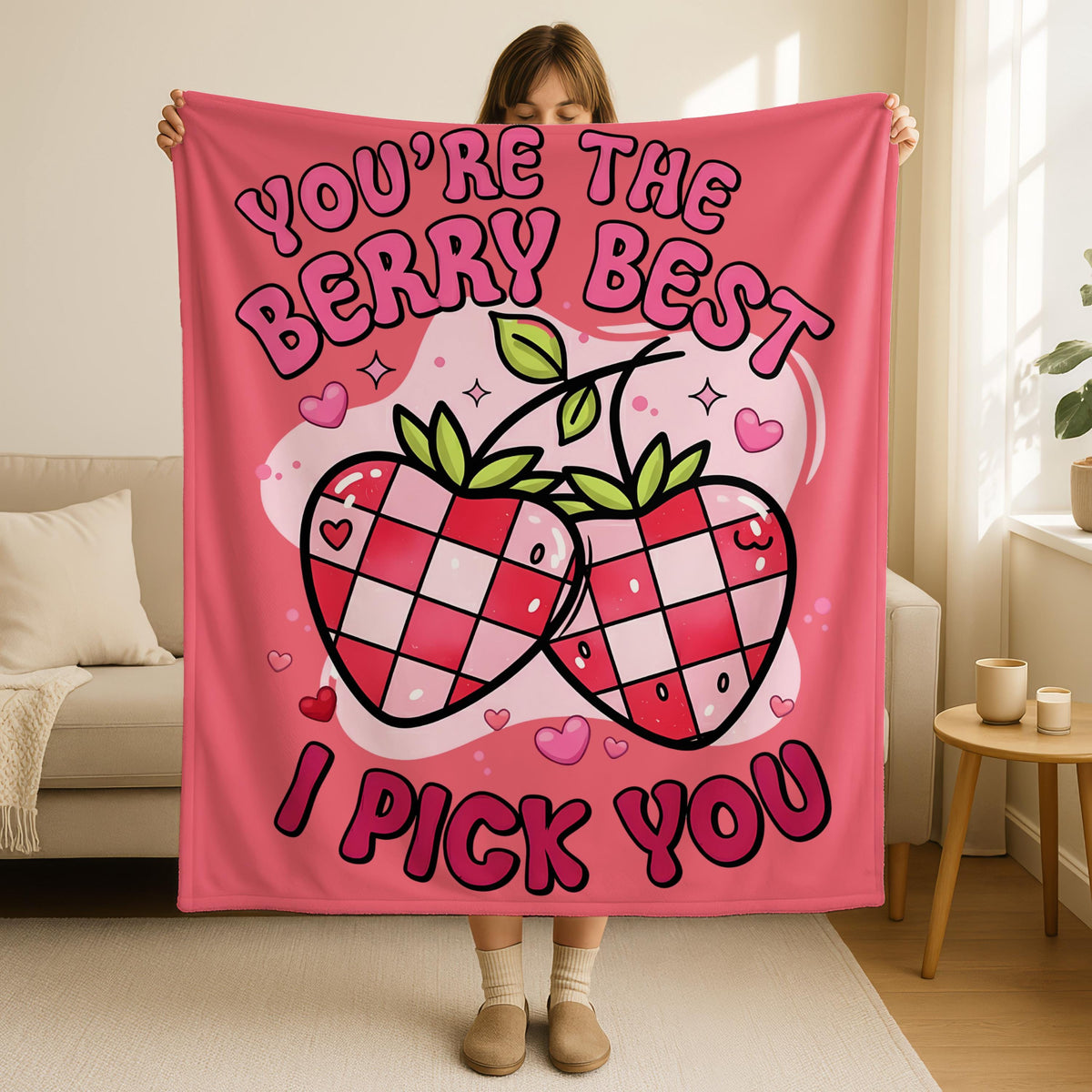 You're the Berry Best Valentine Strawberry Blanket,Romantic Bedroom Blanket,Love Quote Blanket, Cozy Fleece Throw,Valentines Gift for her