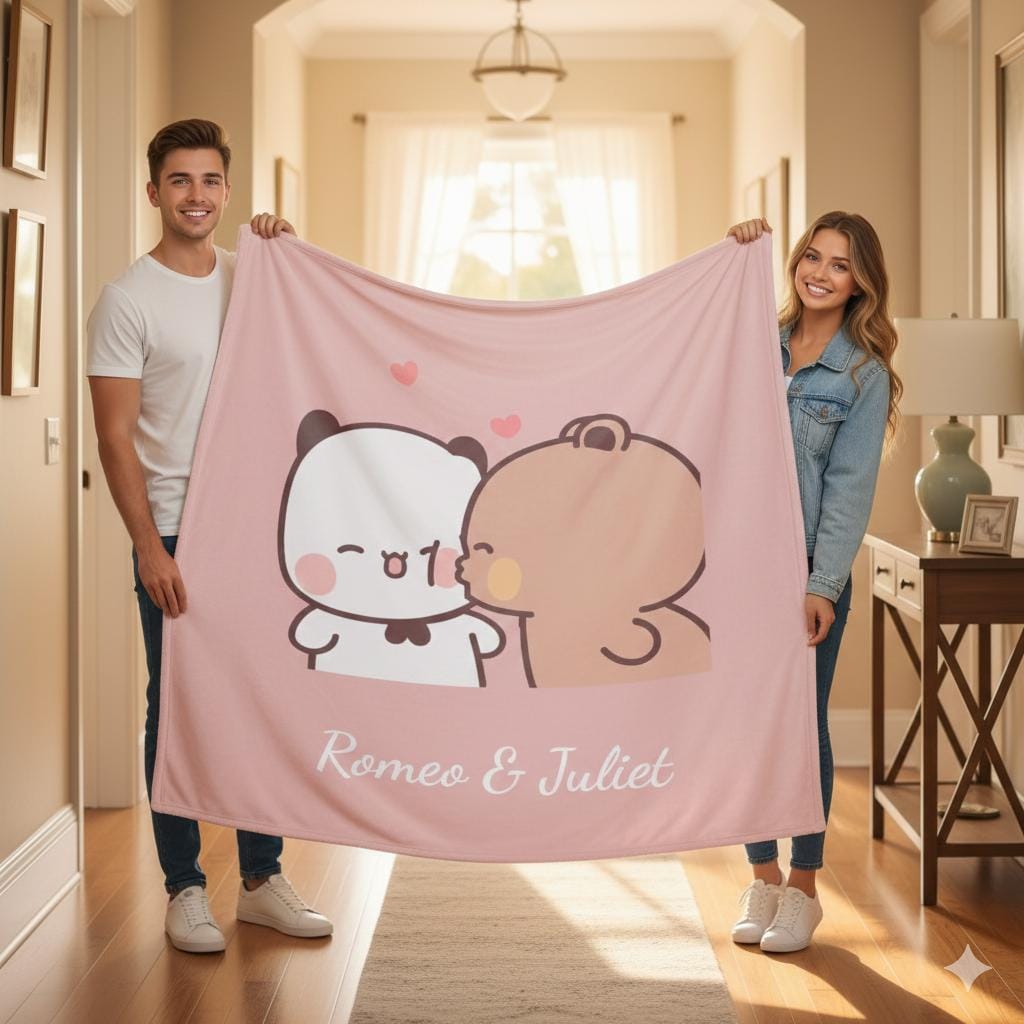 Customized Dudu Bubu Blanket Cuddly Panda Bear Couple Throw Personalized Romantic Gift Boyfriend Girlfriend Anniversary Valentine Keepsake