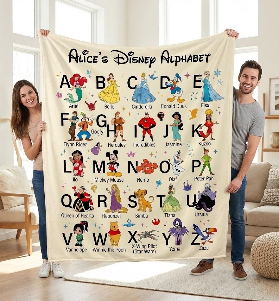 Personalized Disney Princess Alphabet Blanket, Girl Blanket Gift, Baby Blanket Gift, Kids Blanket, Personalized Gift, Gift for Baby Toddlers