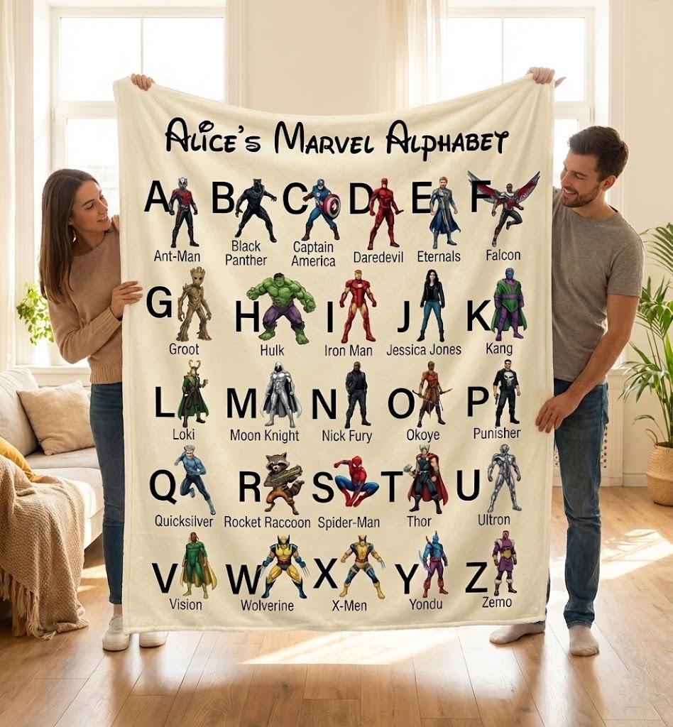 Personalized Marvel Superhero Alphabet Blanket, Custom Kids Blanket, Baby Blanket, Gift for Kids, Boys Birthday Gift