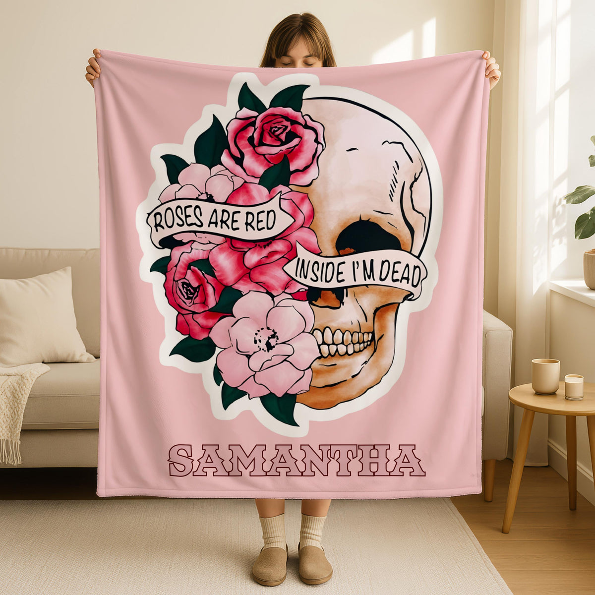 Custom Roses Are Red Inside I'm Dead Blanket,Skeleton Couples Blanket,Romantic Red Roses Floral Fleece Blanket,Gothic Skull Lovers Gift