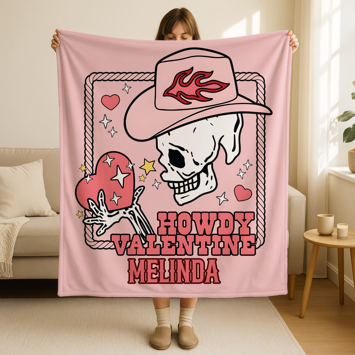Personalized Howdy Skeleton Valentine Blanket,Western Love Throw,Country Love Gothic Blanket,Cowgirl Skull Valentine Gift,Skeleton Couple