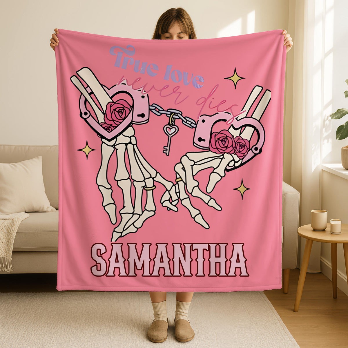 True Love Never Dies Valentines Skeleton Blanket,Skeleton Heart Blanket, Romantic Relationship Quote, Dark Love Saying, Valentine Gift