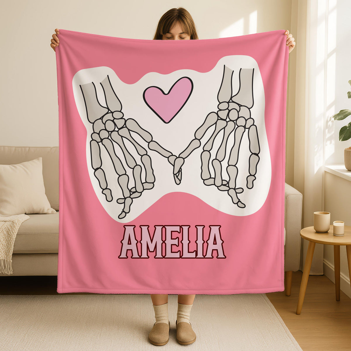 Persoanlized Skeleton Hands Love Blanket,Gothic Valentine Gifts,Dark Love Quote Blanket, Gothic Valentine Gift, Romantic Skeleton Throw Gift