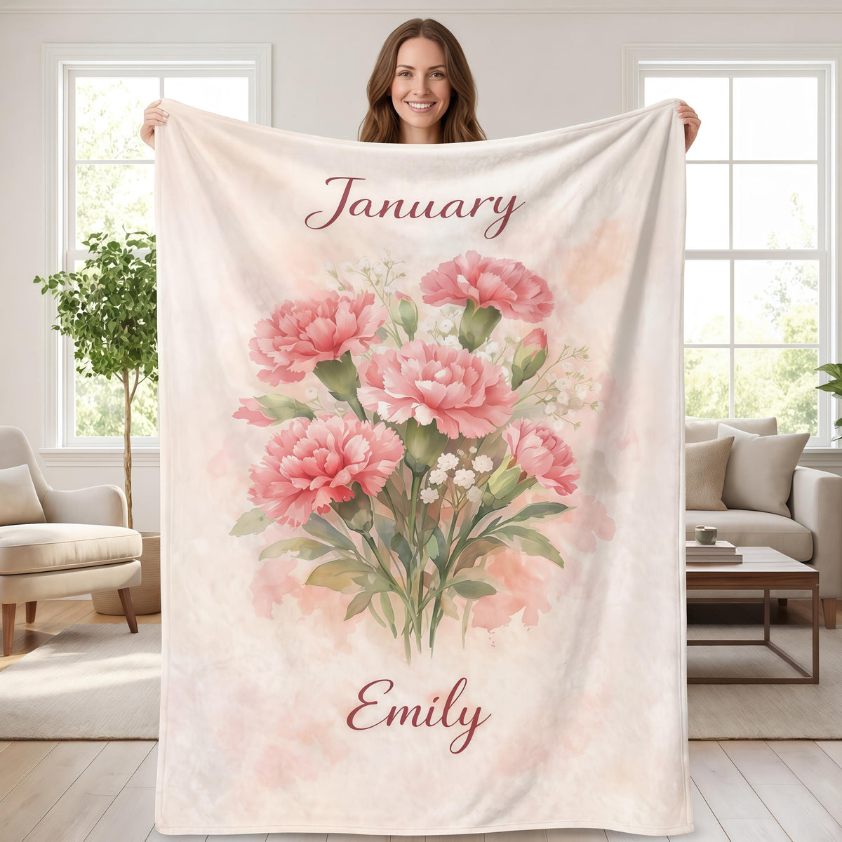 Personalized Birth Flower Blanket, Custom Watercolor Floral Flannel Throw