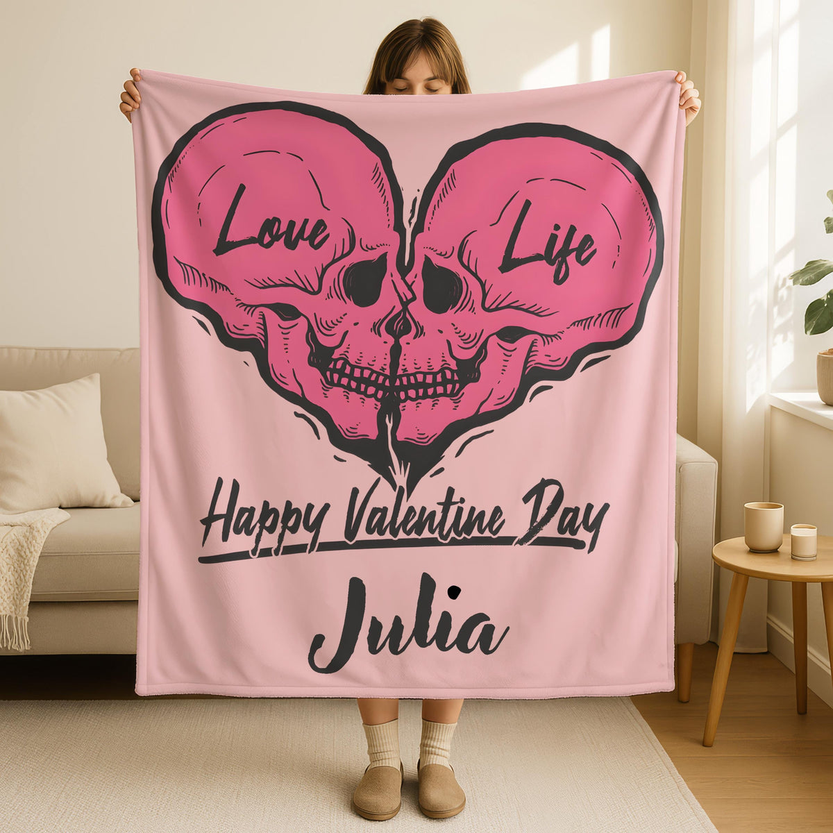Personalized Happy Valentines Day Skull Love Blanket,Skeletons Kissing Throw,Valentines Day Gift,Couple Gift,Romantic Skeleton Throw Blanket