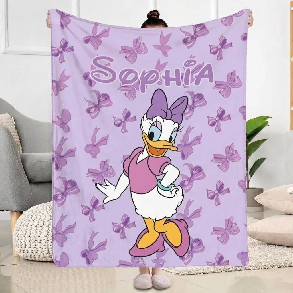 Custom Name Purple Bow Duck Blanket, Cute Coquette Kids Throw, Personalized Girl Gift, Soft Birthday Blanket