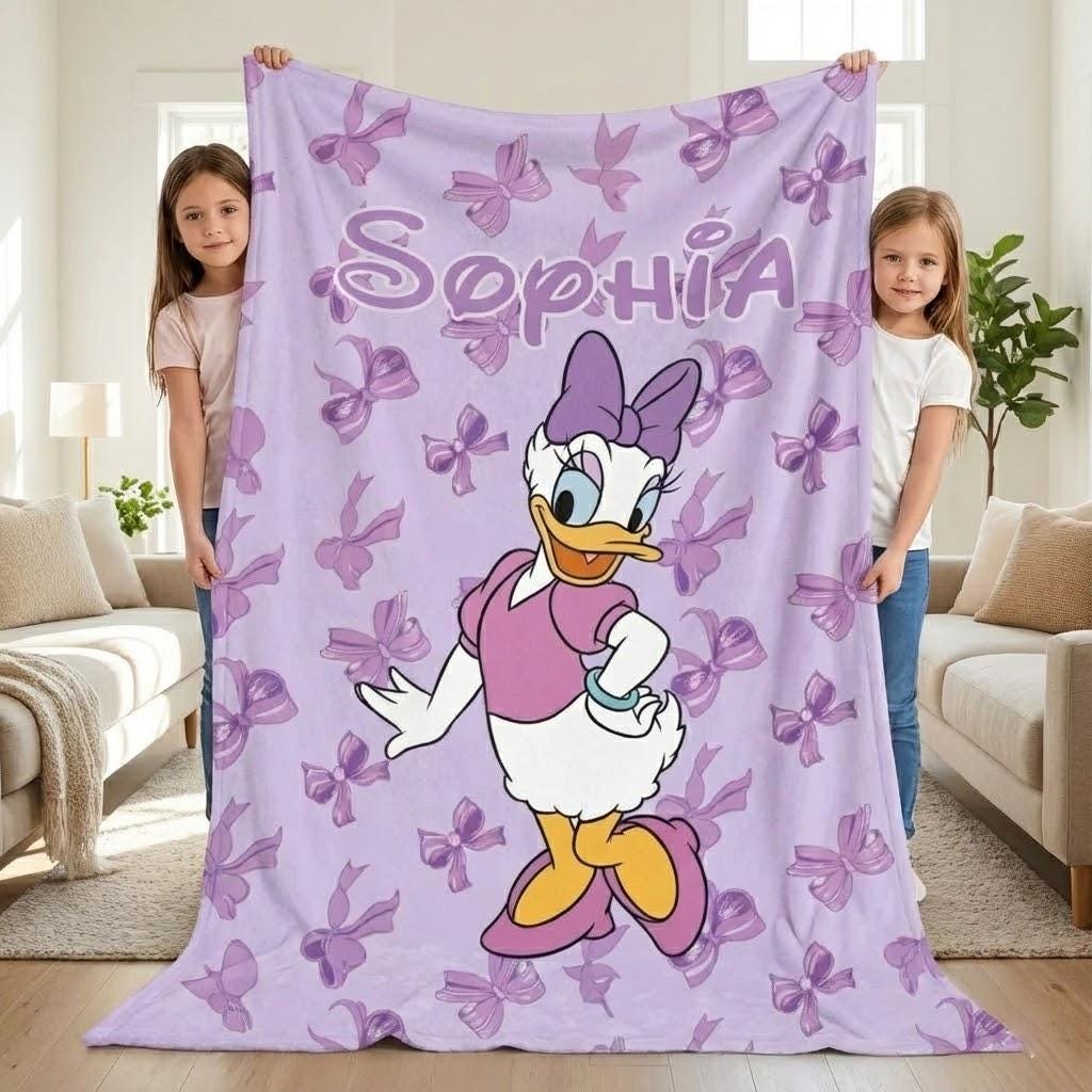 Custom Name Purple Bow Duck Blanket, Cute Coquette Kids Throw, Personalized Girl Gift, Soft Birthday Blanket
