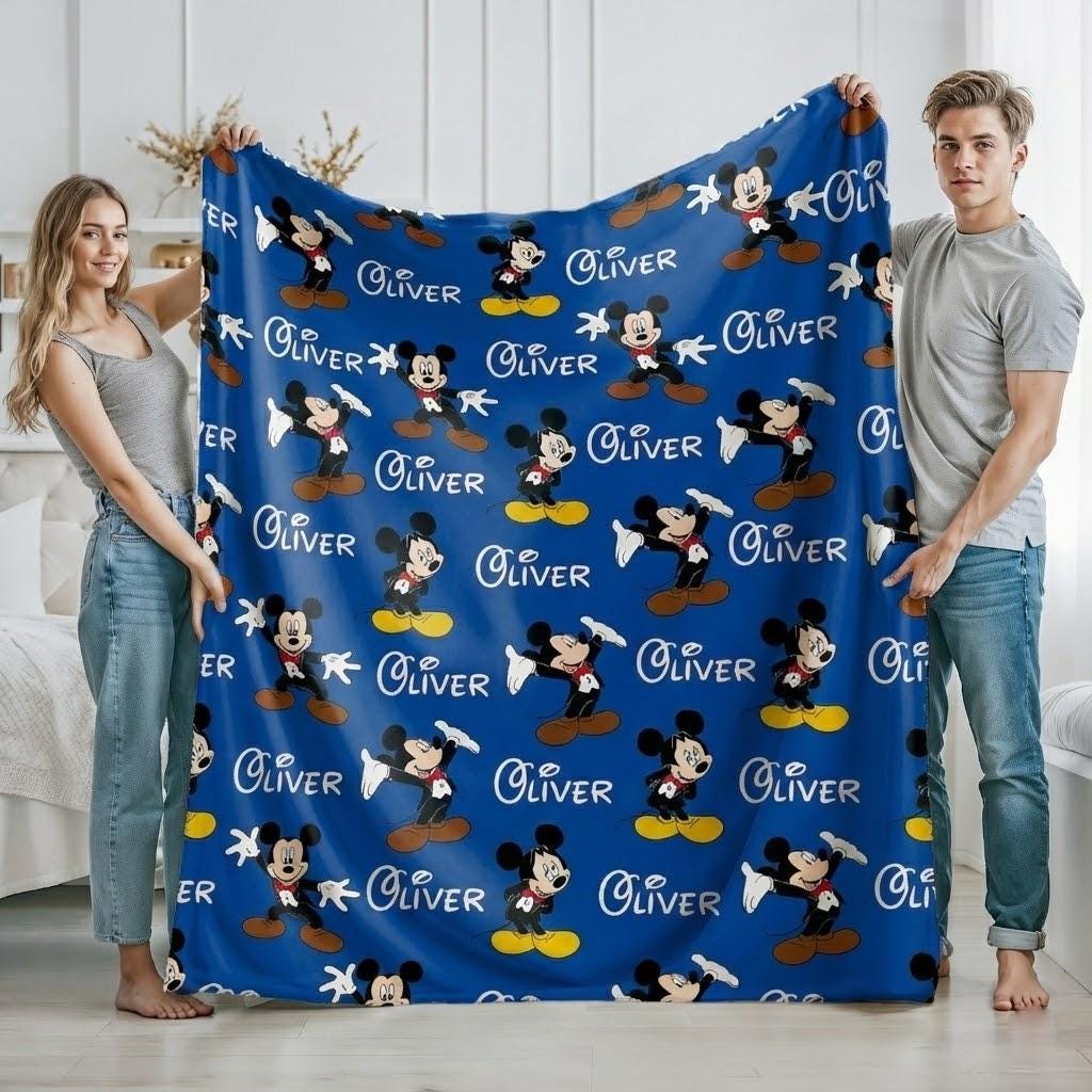 Custom Name Mouse Inspired Blanket, Personalized Blue Kids Throw, Cute Cartoon Mouse Gift, Boys Bedroom Decor