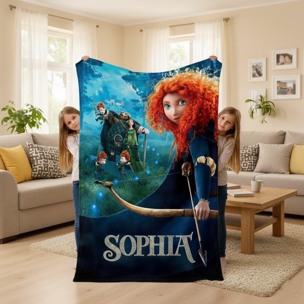 Custom Name Red-Hair Archer Princess Inspired Blanket, Brave Movie Fan Throw, Merida Style Gift, Scotland Castle Decor