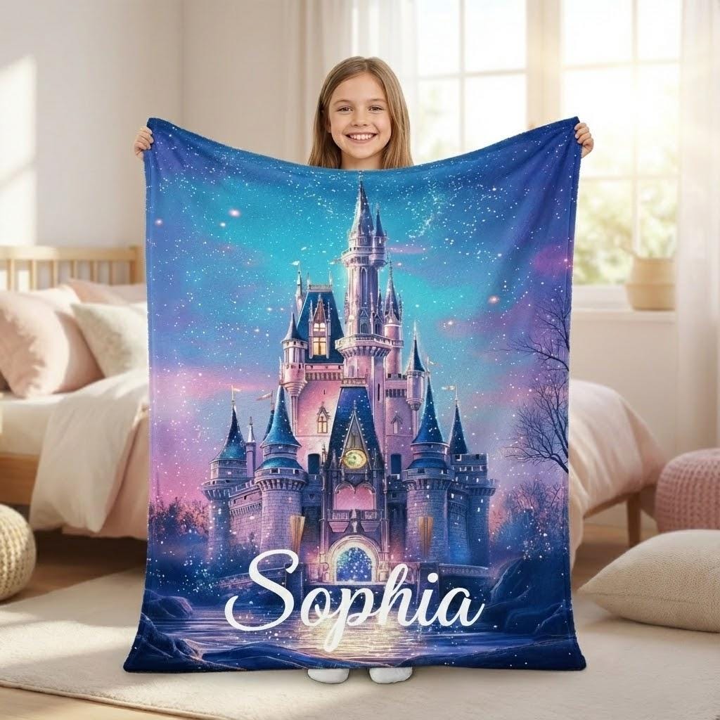 Magical Castle Blanket, Enchanted Kingdom Throw, Fairy Tale Princess Room Decor, Custom Name Gift for Girls