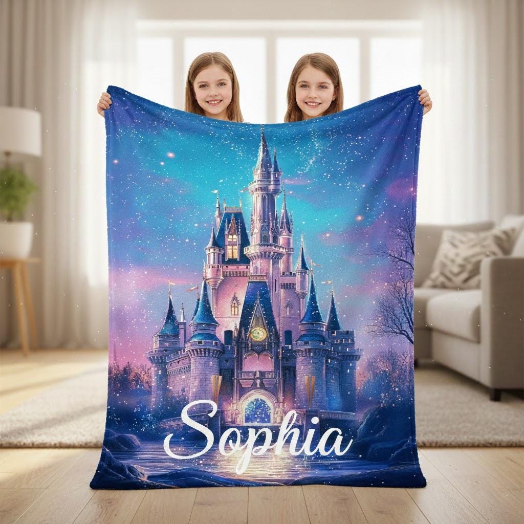 Magical Castle Blanket, Enchanted Kingdom Throw, Fairy Tale Princess Room Decor, Custom Name Gift for Girls